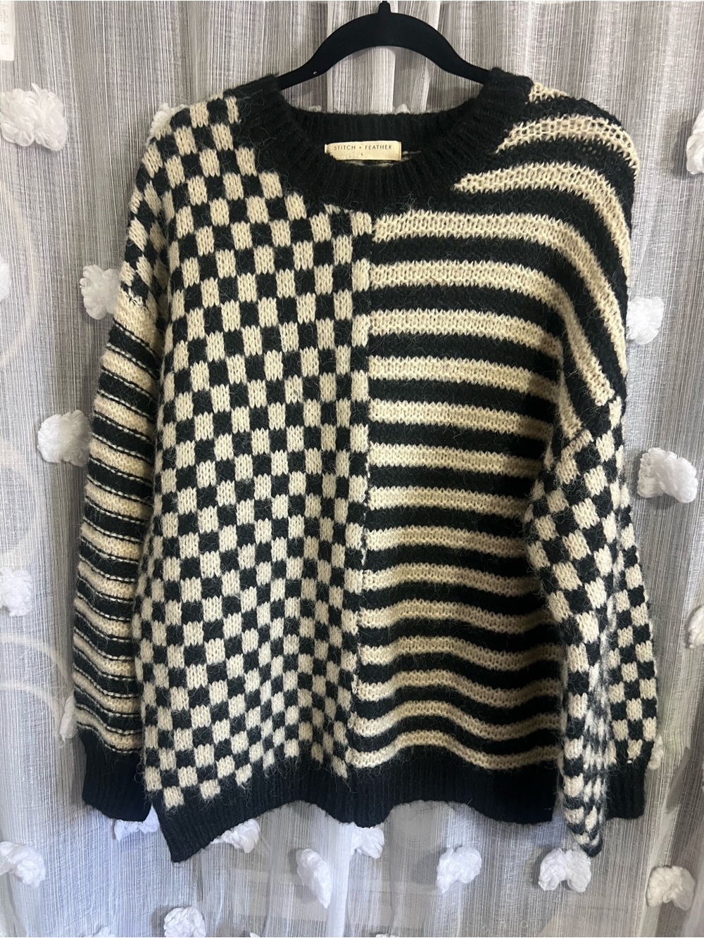 Stitch + Feather Black and Cream Patterned Women's Sweater